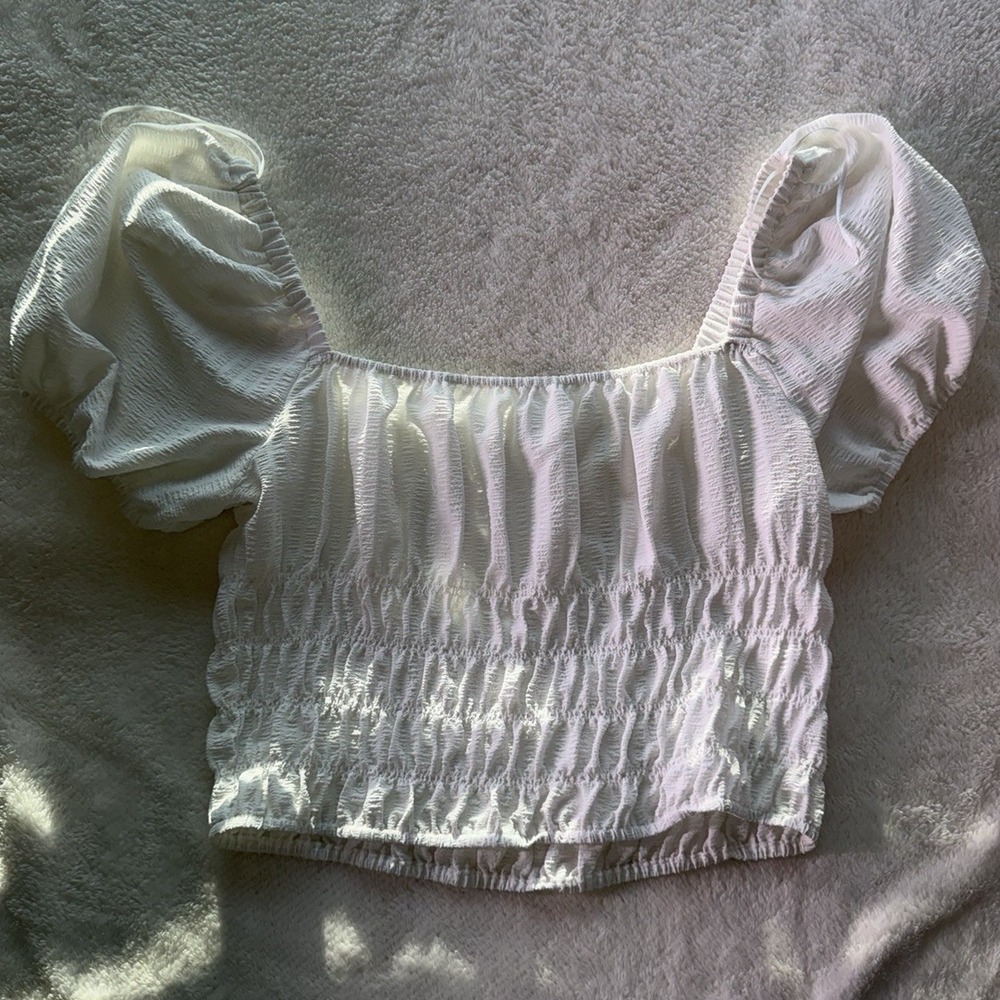 White Elodie Smocked Puff Sleeve Square Neck Cropped Blouse Chiffon Polyester XL
